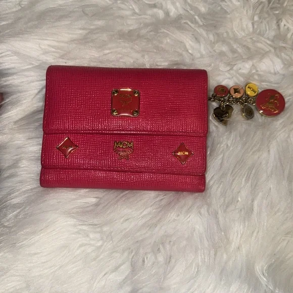 Authentic MCM Pink Leather Studded LogoMotifs Trifold Wallet with keychain EUC
